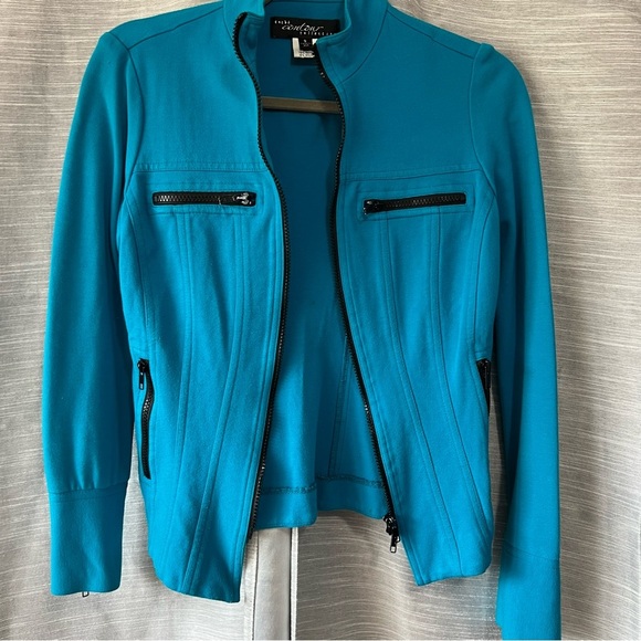 Cache Moto Jacket Full‎ Zip Teal Blue Fitted Knit Size S - Picture 1 of 7